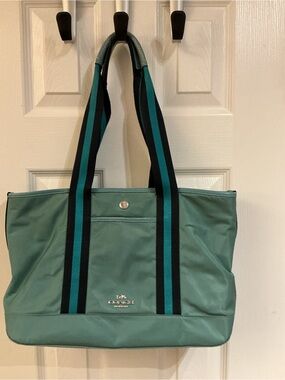 Coach Teal Nylon Tote Ellis tote with Black and Teal Striped Handles